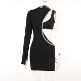 Sexy One Shoulder Hollow out Hot Diamond Dress Women's Body Design Sense Hot Girl Party Wrap Hip Dress