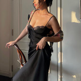 Lace edge splicing long satin dress temperament sexy solid color slim slip dress