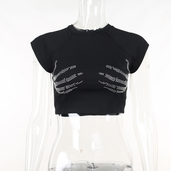 Featured magic claw hot drill open navel T-shirt with small design feeling, slim fit and hot girls' versatile short sleeves