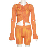 Women's fashion long sleeve single breasted design T-shirt striped shorts suit