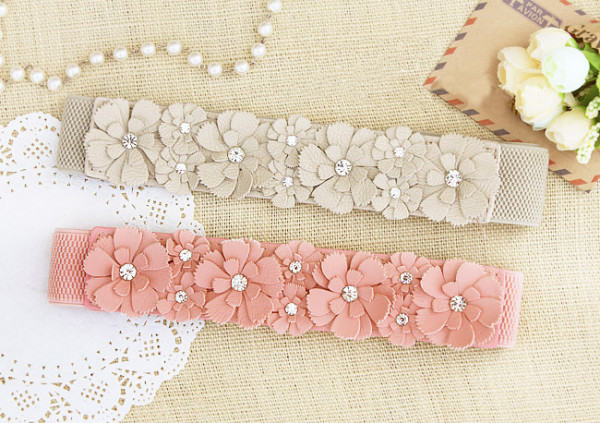 Women's flower elastic belt skirt belt sweet and versatile rhinestone thin waist dress accessories