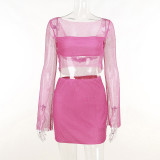 Long sleeve mesh sequins suspender top hip wrap short skirt suit European and American sexy hot girls fashion women's dress