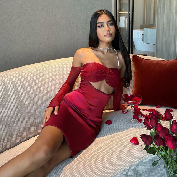 Diamond chain bodice cut out hip wrap dress Sexy hot girls party long sleeve hip wrap dress