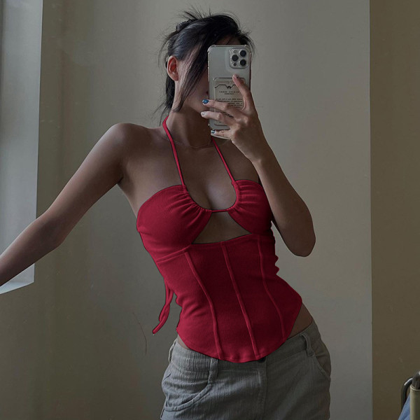 Neck hanging hollow basic sexy top European and American street fashion hot girl slim backless versatile vest