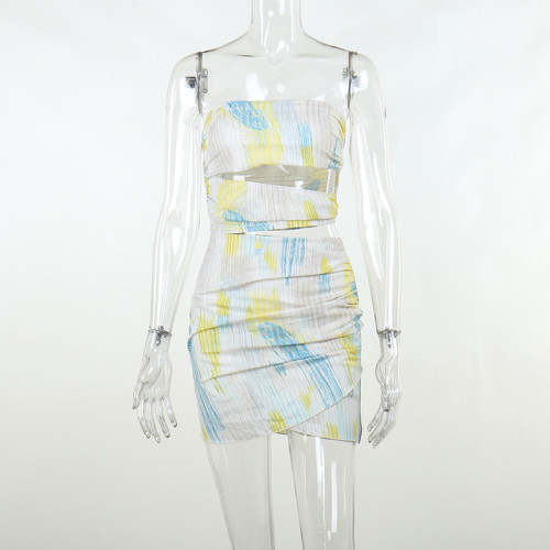 Vintage printed bodice cut out waist dress fashionable sexy slim wrap skirt