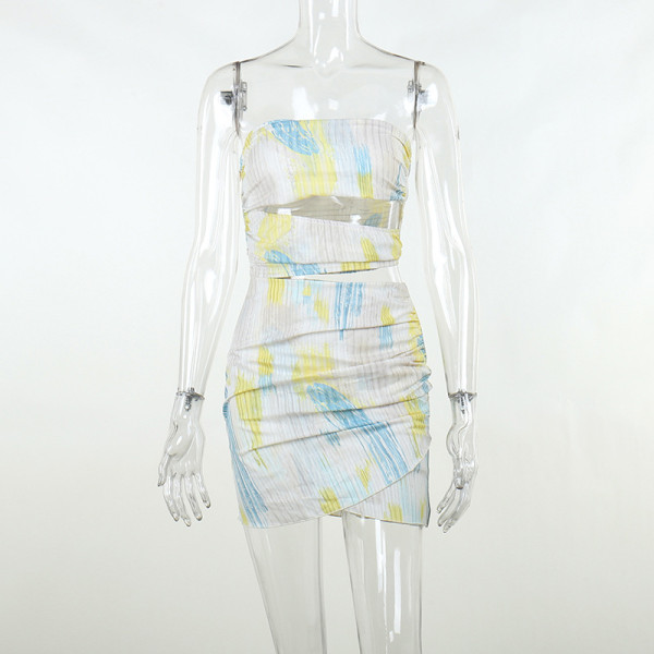 Vintage printed bodice cut out waist dress fashionable sexy slim wrap skirt