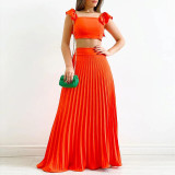 Solid short vest high waist pleated skirt fashion casual suit
