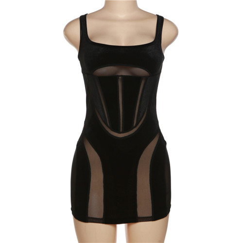 Women's Sexy Spice Girl Low cut Hollow Mesh Perspective Backless Slim Dress