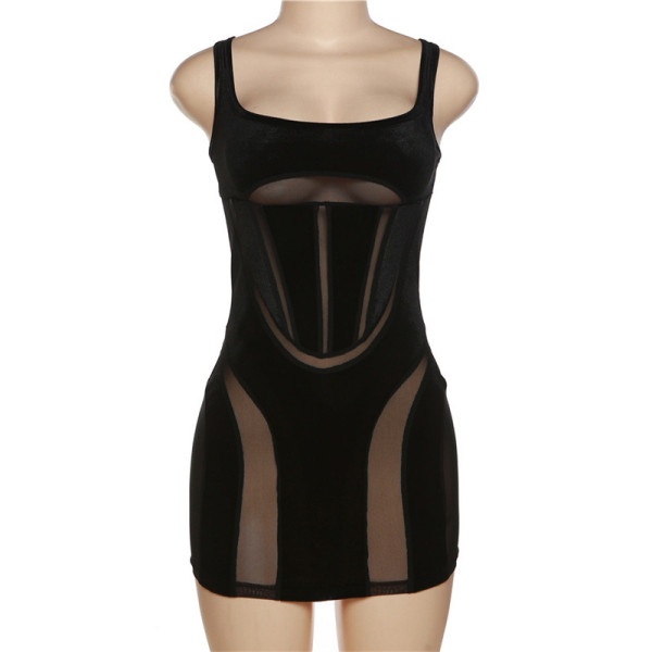 Women's Sexy Spice Girl Low cut Hollow Mesh Perspective Backless Slim Dress