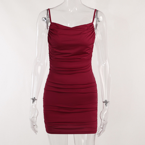 Sexy Pleated Backless Slim Retro Hip Wrap Dress Fashion Party Dress