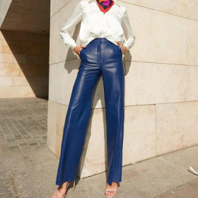 Fashion slim and slim PU casual straight trousers Women's long leather trousers are brushed