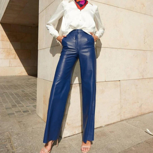Fashion slim and slim PU casual straight trousers Women's long leather trousers are brushed