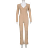 Casual Sporty Rib Solid V-Neck Sporty Casual Long Sleeve Jumpsuit Slim Rags