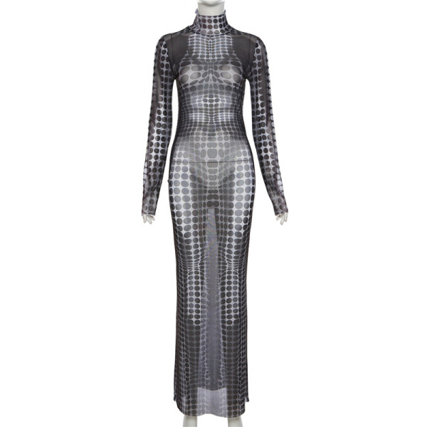 Sexy Perspective Screen Print High Waist Slim Long Dress