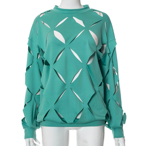 Burned hollow hole long sleeve bottomed t-shirt