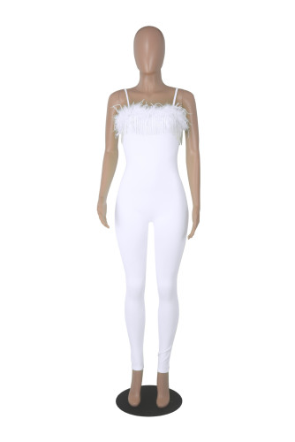 Solid color zipper sling masonry chain feather jumpsuit