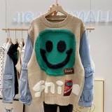 Denim splicing cartoon smiling face pullover sweater loose lazy style knitting coat