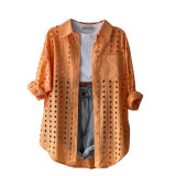 Fresh and sweet lapel long sleeve polka dot hollow patch pocket shirt top