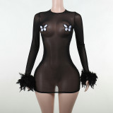 Sexy fur embroidered long sleeved perspective dress butterfly print slim revealing backpack hip skirt