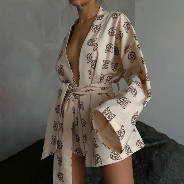 Loose printed women's casual lace up long sleeved pajamas high waist shorts suit housewear