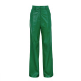 Fashion slim and slim PU casual straight trousers Women's long leather trousers are brushed