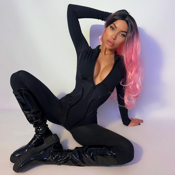 Fashion sports leather ribbon split line long sleeve zipper tight hip lifting jumpsuit