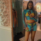 Sexy printing mercerized tight top high waist hip wrap skirt suit