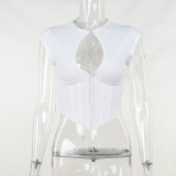 Sexy Hollow Waist Round Neck Short Sleeve Slim Solid Versatile Top