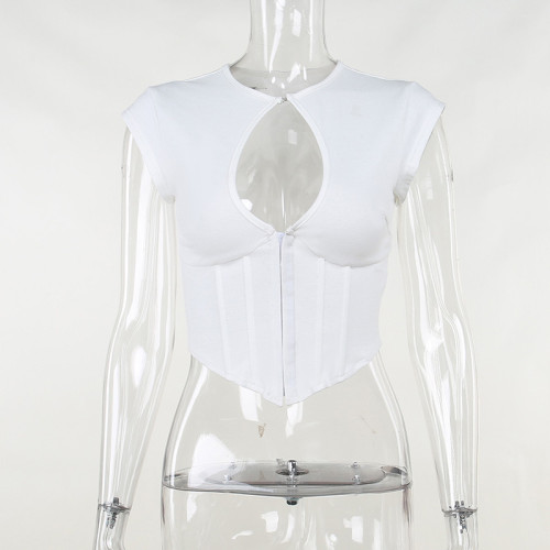 Sexy Hollow Waist Round Neck Short Sleeve Slim Solid Versatile Top