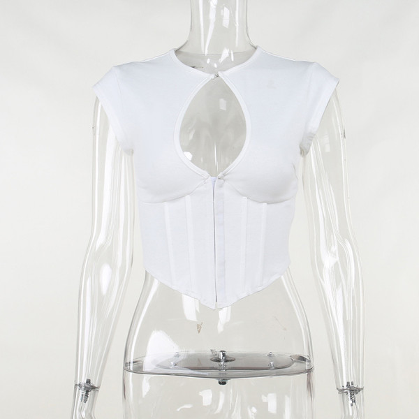 Sexy Hollow Waist Round Neck Short Sleeve Slim Solid Versatile Top