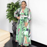 Women's chiffon V-neck printing large hem long sleeve dress