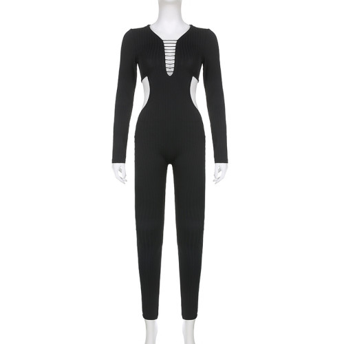 Fashion style open back hollow V-neck knitted jumpsuit