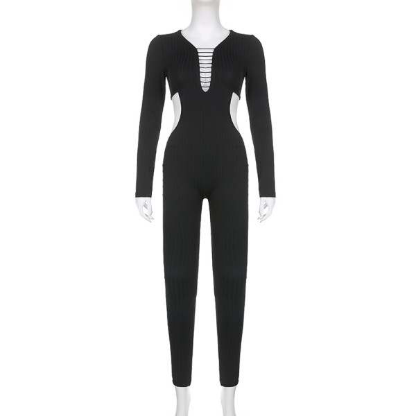 Fashion style open back hollow V-neck knitted jumpsuit