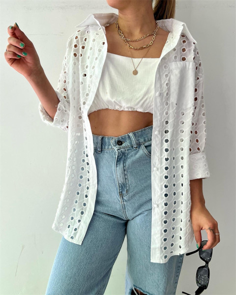 Fresh and sweet lapel long sleeve polka dot hollow patch pocket shirt top