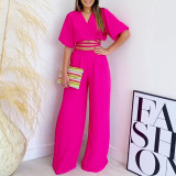 Solid V-neck short sleeve shirt high waist wide leg pants fashion casual suit