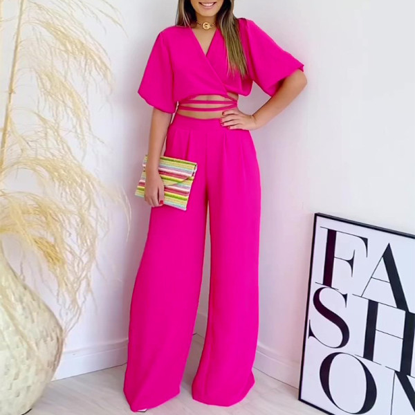 Solid V-neck short sleeve shirt high waist wide leg pants fashion casual suit
