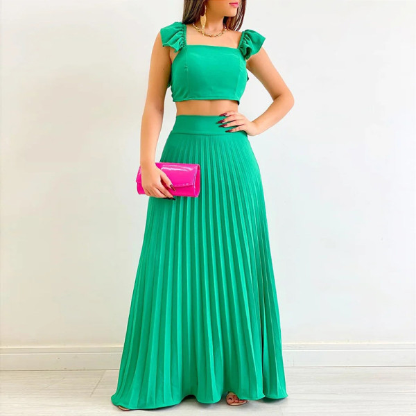 Solid short vest high waist pleated skirt fashion casual suit