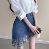 Fashion Personality Irregular Fringe Edge Solid Color Hip Wrap Denim Skirt