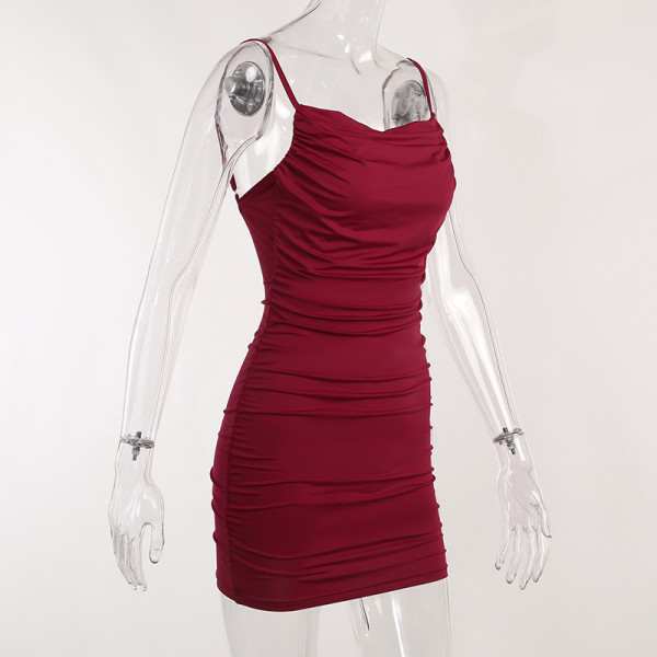 Sexy Pleated Backless Slim Retro Hip Wrap Dress Fashion Party Dress