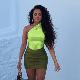 Featured PU leather panel color contrast one shoulder slim wrap hip dress