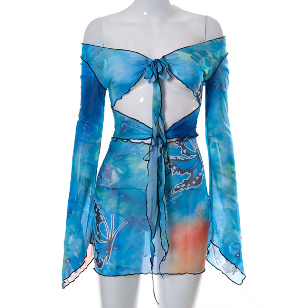 Colorful Butterfly Lace Up Umbilical Long Sleeve Mini Skirt