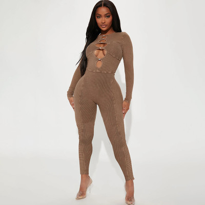Fashion Women's Solid Color Split Sexy Hollow out Distressed Rib Bodysuit