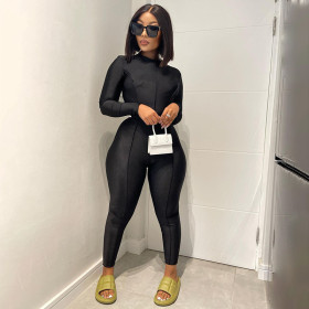Reversible solid color basic tight long sleeve jumpsuit trousers