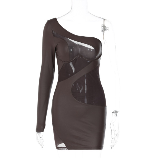 Fashion Diagonal Shoulder Mesh Stitch Sexy Perspective Bodysuit Dress