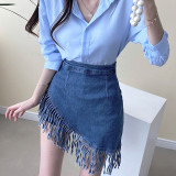 Fashion Personality Irregular Fringe Edge Solid Color Hip Wrap Denim Skirt