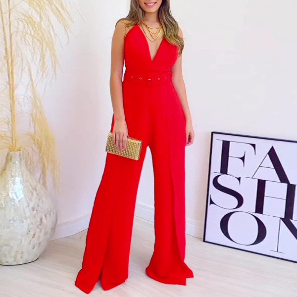 Sling V-neck high waist split wide leg pants for women
