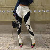 Women's PU leather black and white contrast round abstract Gothic casual pants Tights Winter