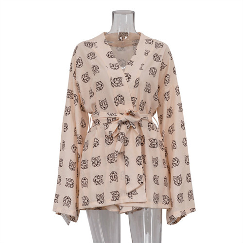 Loose printed women's casual lace up long sleeved pajamas high waist shorts suit housewear