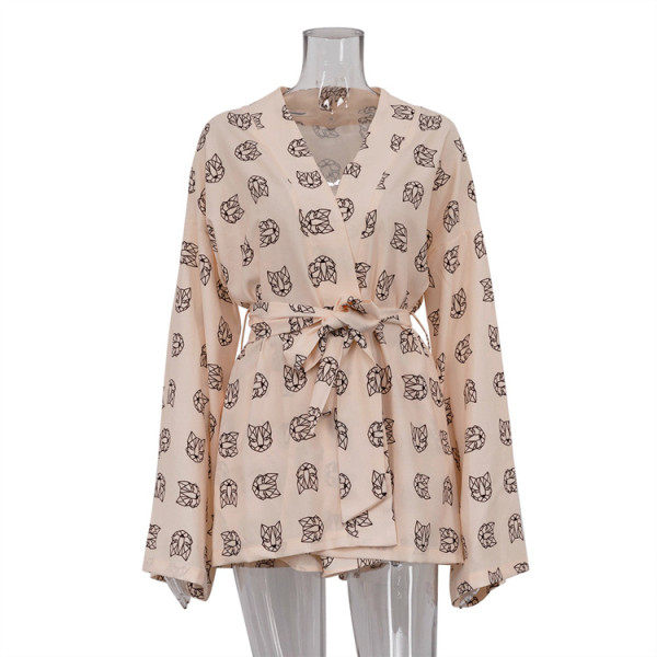 Loose printed women's casual lace up long sleeved pajamas high waist shorts suit housewear