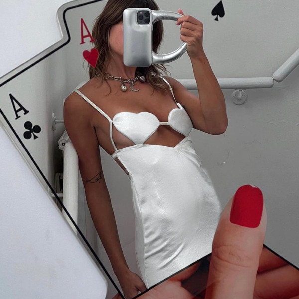 Sexy Love Chest Cup Hollow out Satin Strap Hip Wrap Dress Slim Spice Girl Backless Dress
